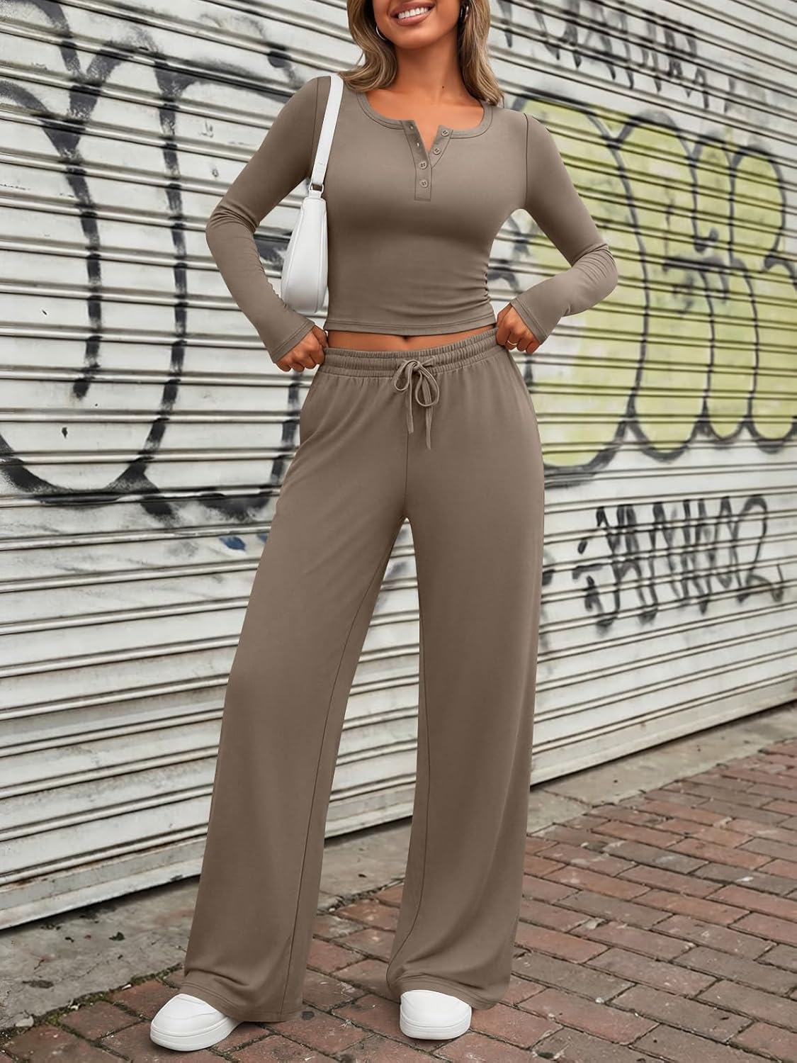 Trendy Queen Women's 2 Piece Matching Lounge Sets Long Sleeve Henley Neck Slightly Crop Top Wide Leg Pants Casual Sweat Suit - Image 6
