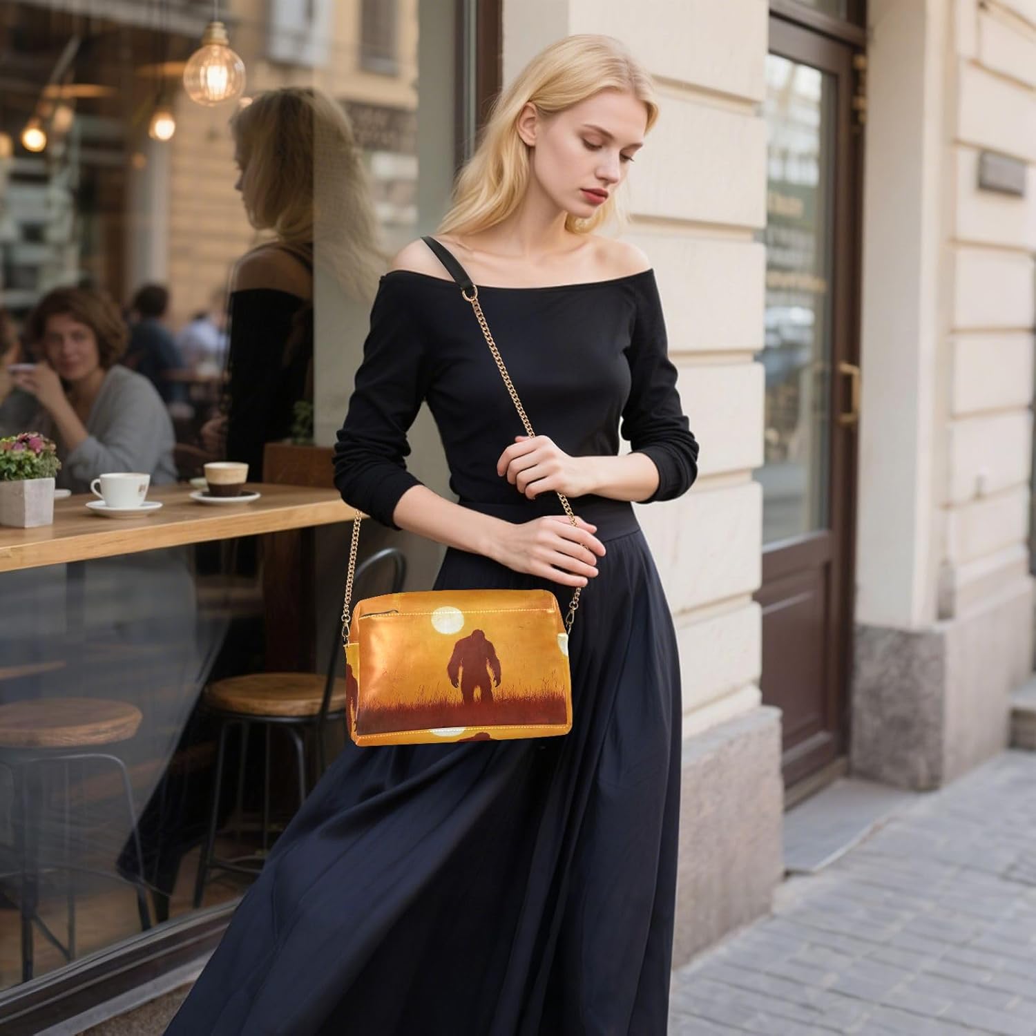 Women Crossbody Bag Shoulder Handbag Cellphone Purse PU Leather Metal Chain Strap Water Resistant Zipper Closure Sun Sasquatch Print