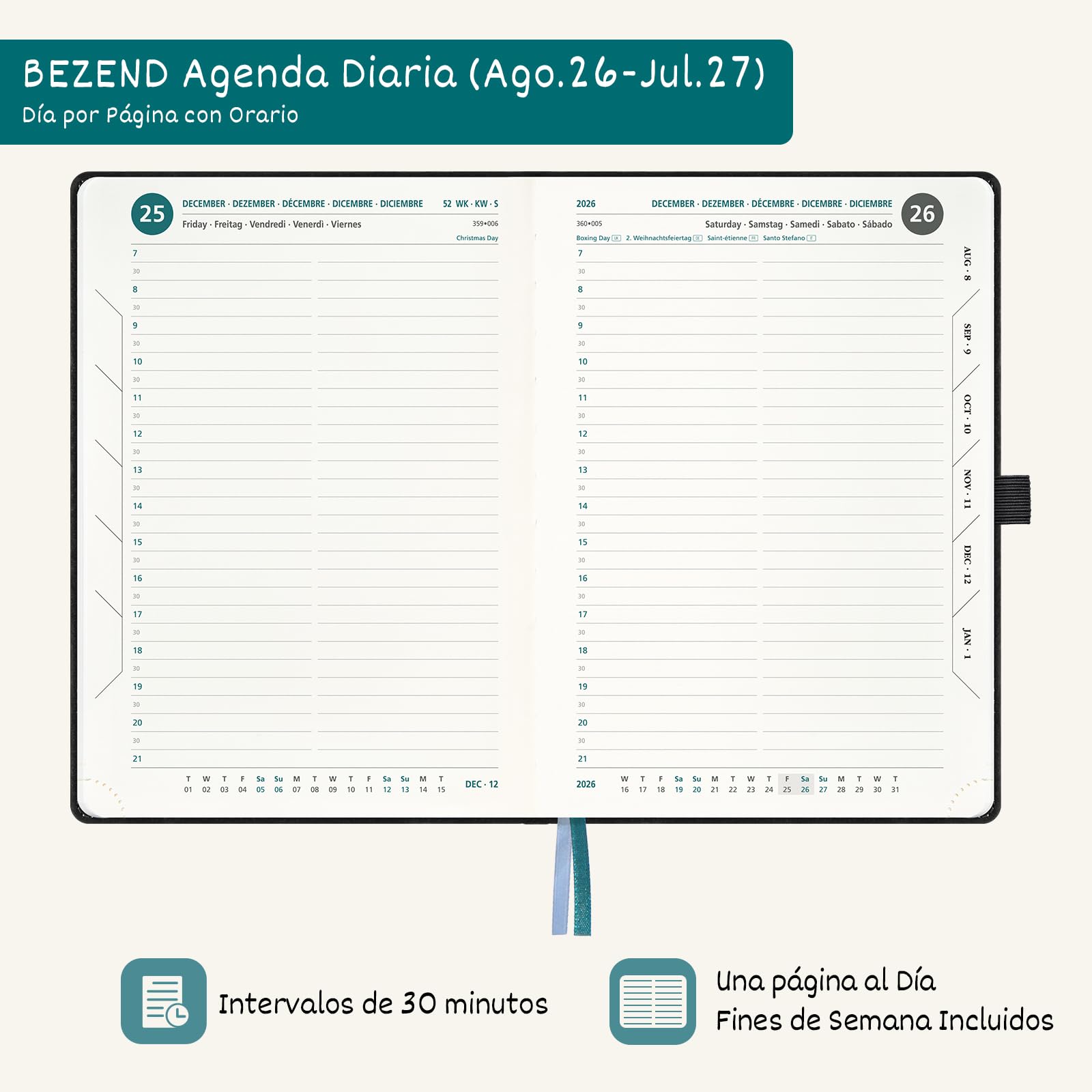 BEZEND Agenda Escolar 2026 2027 Día por Página A5, 12 Meses de Ago.26 a Jul.27, Agenda Diaria 15,5 x 21 cm, Dia Vista con Intervalos de 30 minutos, Tapa Dura en Cuero PU - Negro