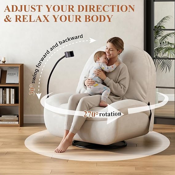 Oversized Power Swivel Glider Recliner Chair for Adults, Zero Gravity Recliner Comfy Breathable with USB Charger and Phone Holder, 270 Electric Nursery Rocker Chair for Living Room Bedroom