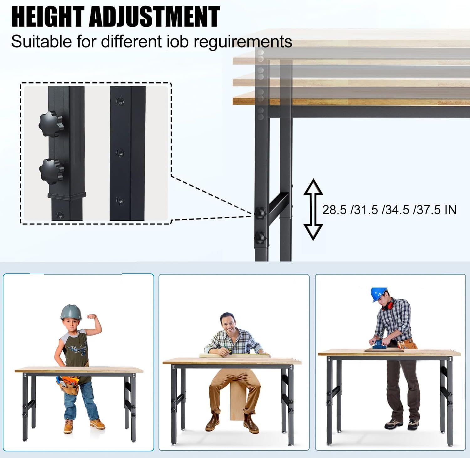 48" Workbench Desk with Power Outlets, Adjustable Height Rubber Wood Top Heavy-Duty Work Table, 2000 LBS Load Capacity Work Station for Garage, Workshop, Office, Home
