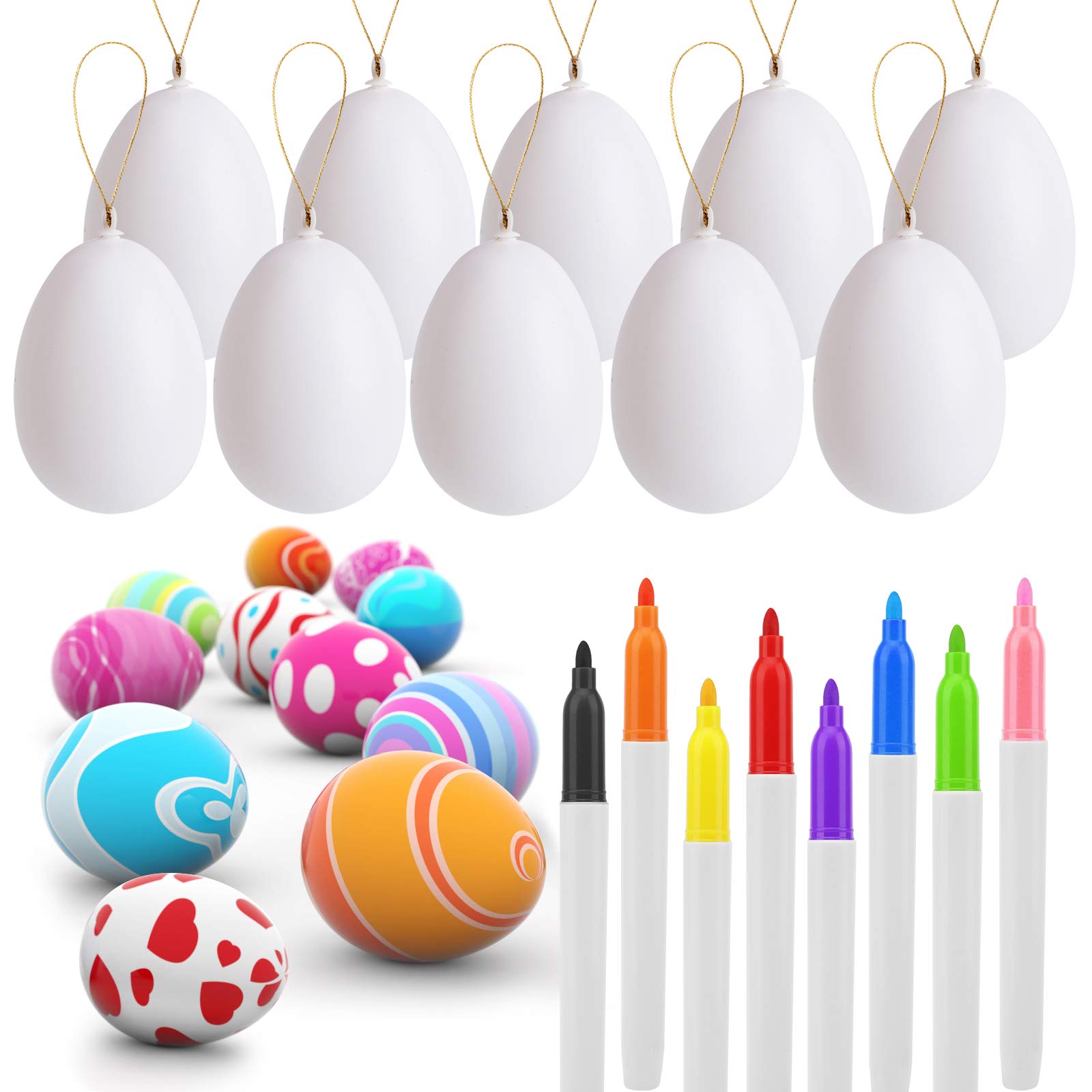 UFUNGA 30 Pcs White Blank Easter Eggs with 8 Pens, Hanging Plastic Eggs with Rope, Artificial DIY Creative Decoration Eggs for Party Favors