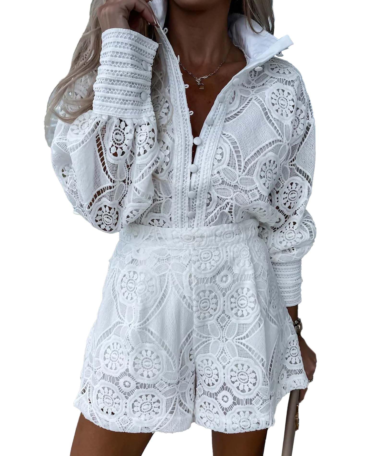 Photo 1 of SOMTHRON Women's Eyelet Lace Two-Piece Outfit - White, X-Large