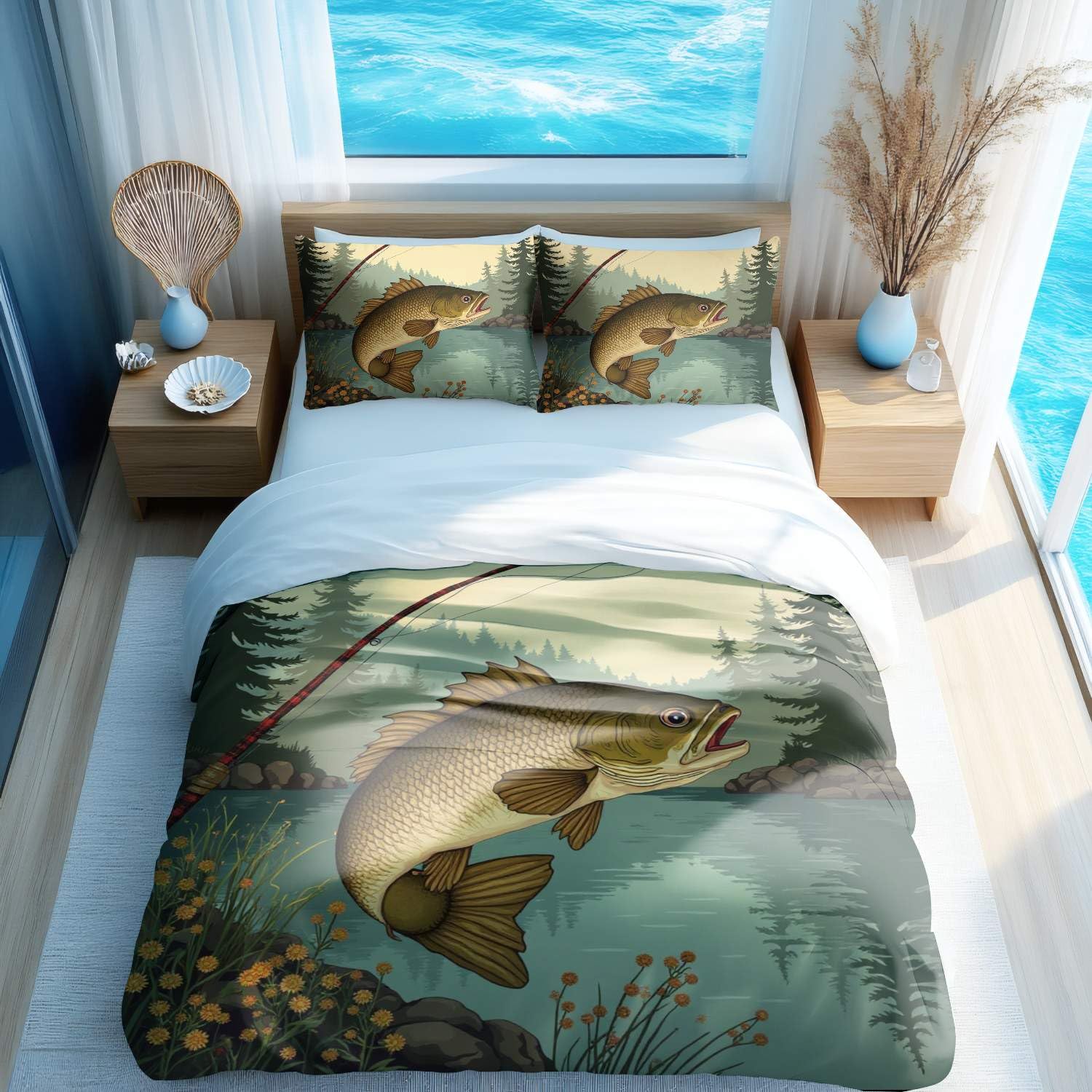Housse de couette pêche vintage parure de lit lac 2 personnes grand poisson