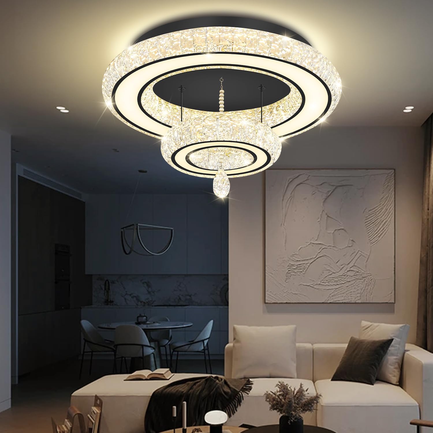 Glam Crystal Ring Chandeliers for Living Room Black 20in Modern Led Flush Mount Chandelier with K9 Crystal Raindrop