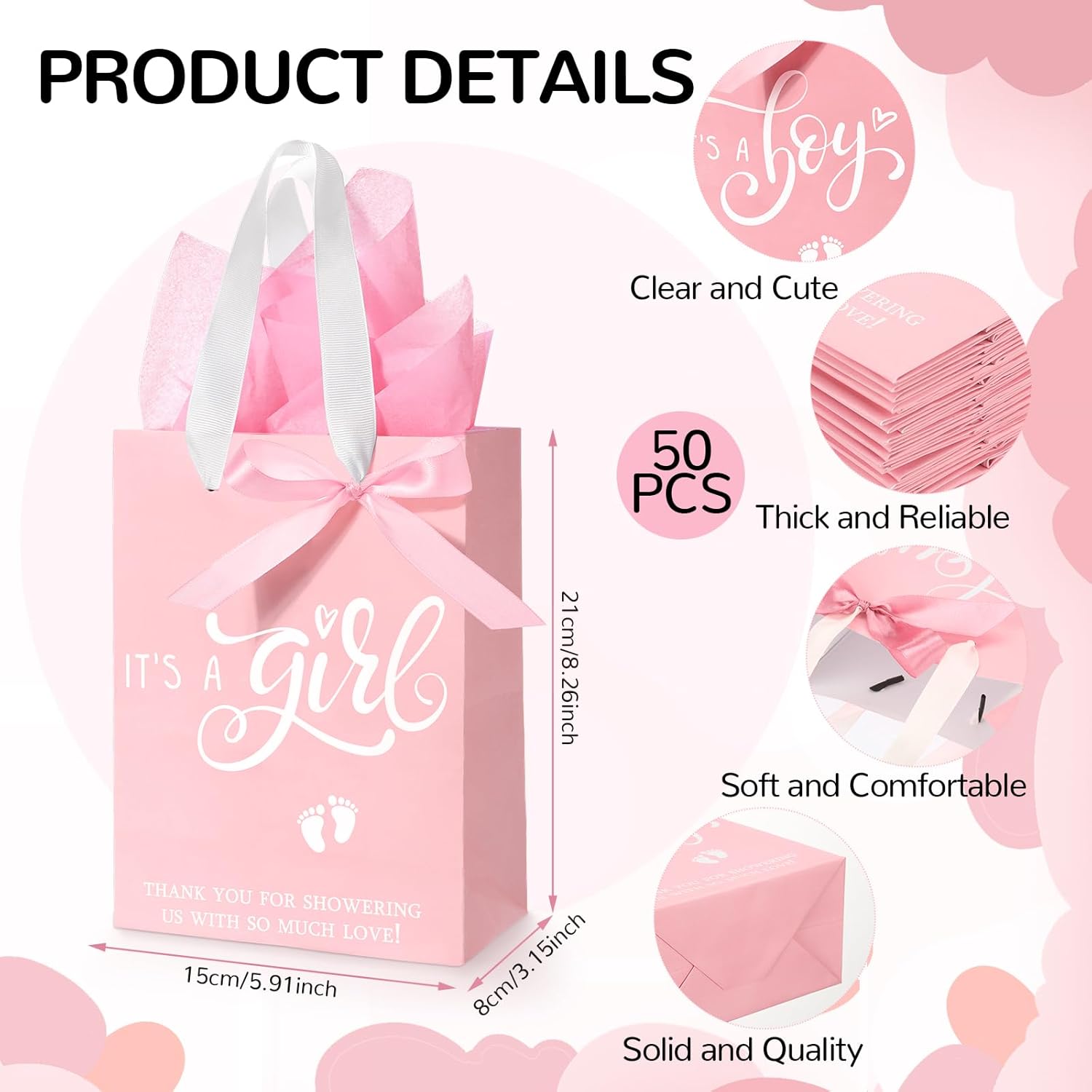 Qilery 50 Sets 8" Baby Shower Favor Bags It's a Girl Gift Bags with Handle Tissue Paper and Ribbon Bow Pink Baby Shower Party Favors for Guests Gender Reveal Birthday Supplies