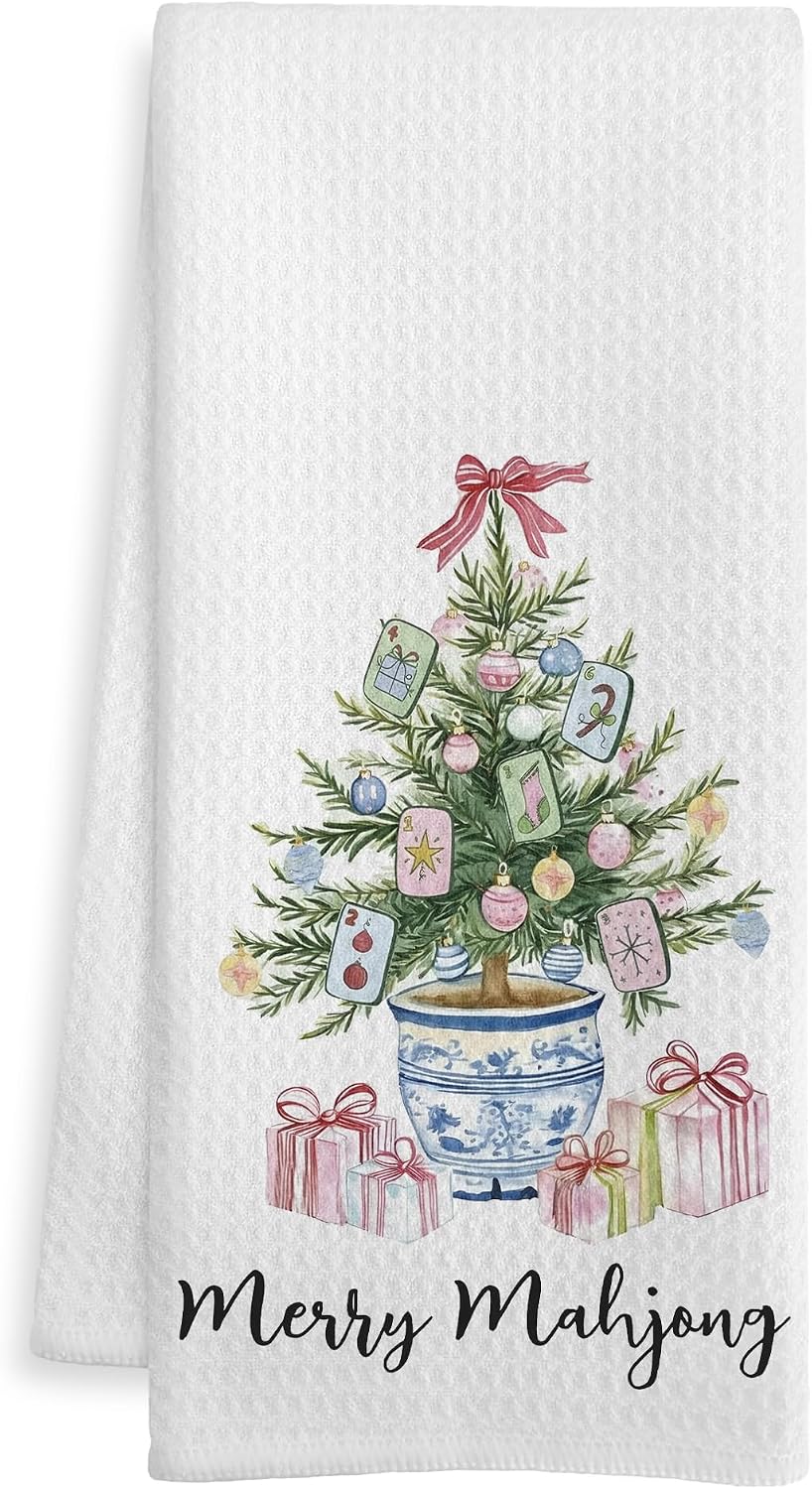 Christmas Mah Jong Gifts Kitchen Towels, Christmas Mahjong Gifts for Women Men Dish Tea Towel, Mahjong is My Happy Hour Funny Hand Towels for Kitchen Home Decor, 16X24 Inch