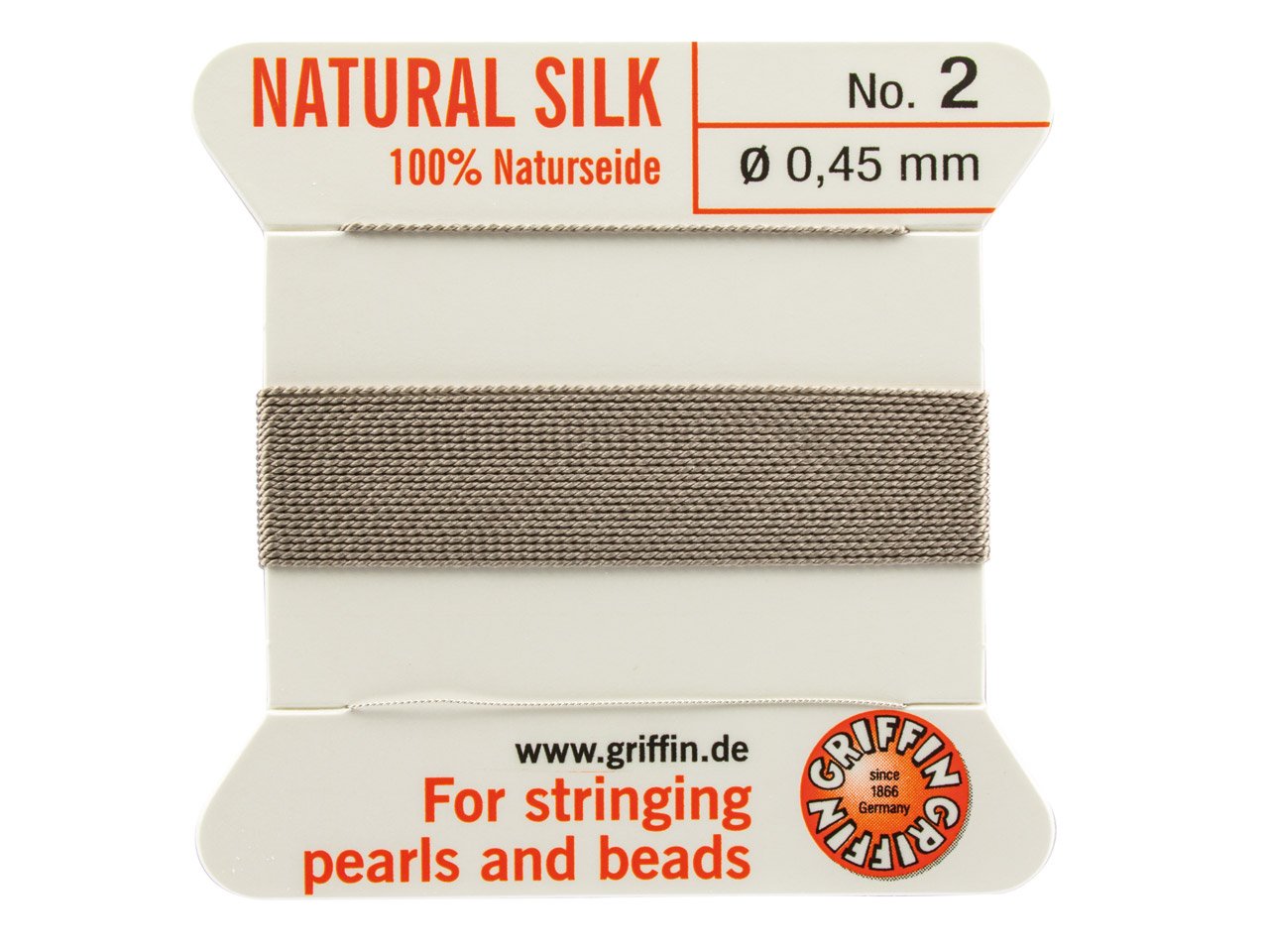 Griffin 100% Natural Silk Beading Cord String Thread - Grey - 2 metres with one Needle - Size 0.45mm