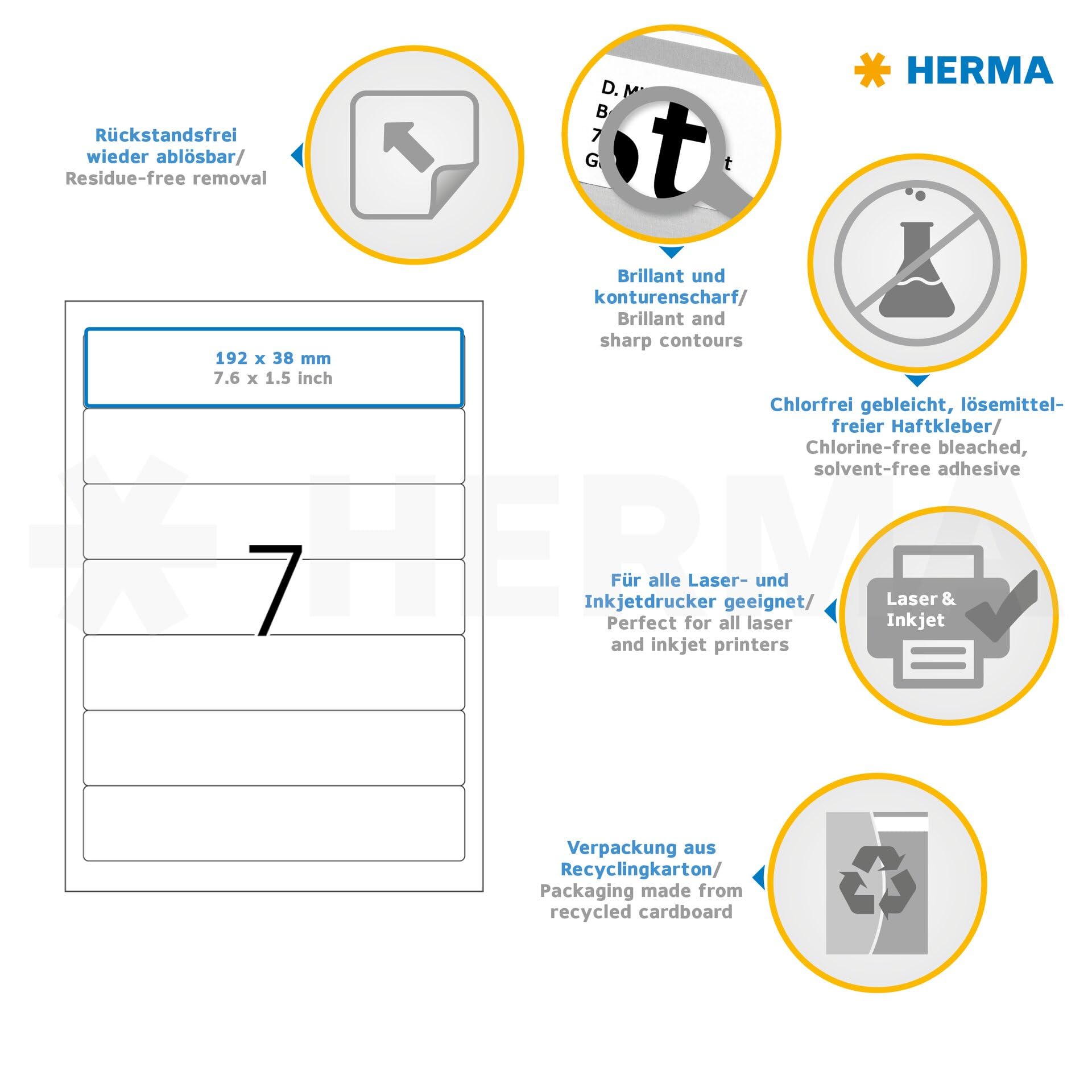 HERMA 10155 Ordnerrücken Etiketten ablösbar kurz schmal, 800 Blatt, 192 x 38 mm, 7 pro A4 Bogen, 5600 Stück, selbstklebend, bedruckbar, blickdicht, Papier Ordneretiketten Rückenschilder Aufkleber weiß