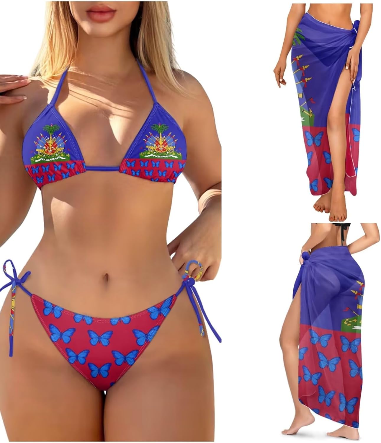 Xpyiqun Flag Bikini Sets for Women Swimsuits 3 Piece Halter Triangle Bathing Suit with Cover Up Skirt Swimwear Coverup