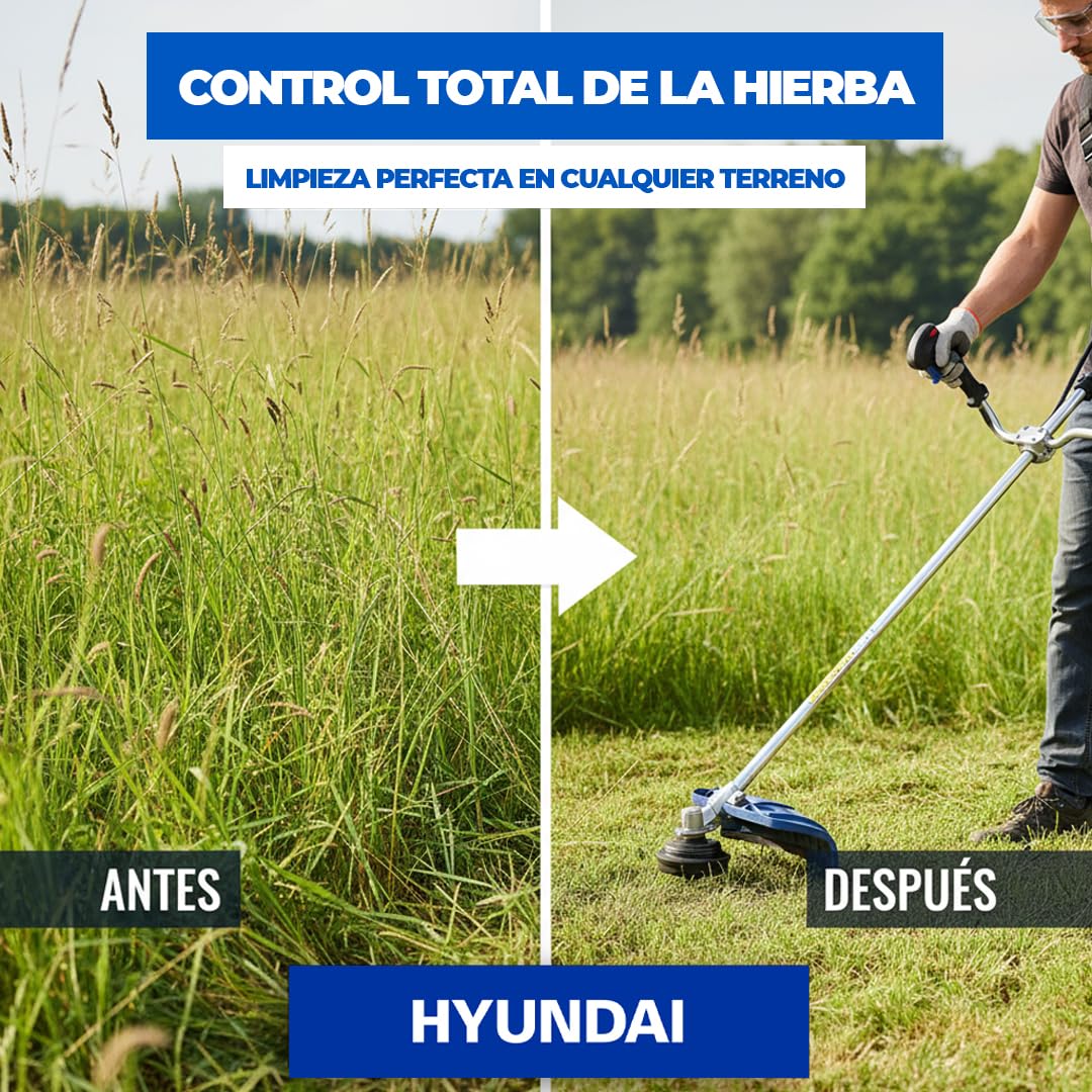 Hyundai Desbrozadora Gasolina 30cc 2 Tiempos 0,8 kW con Disco de Metal y Cabezal de Nylon - Desbrozadora Ligera de Eje Recto, Doble Manillar y Corte de hasta 420 mm