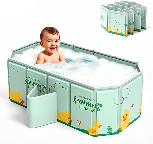 Foldable Baby Bath, Portable Baby Bathtub, All-in-One Design with Drain Plug, Large Toddler Bath for Ages 0-8, 78 X 45 X 30 CM(Cyan)