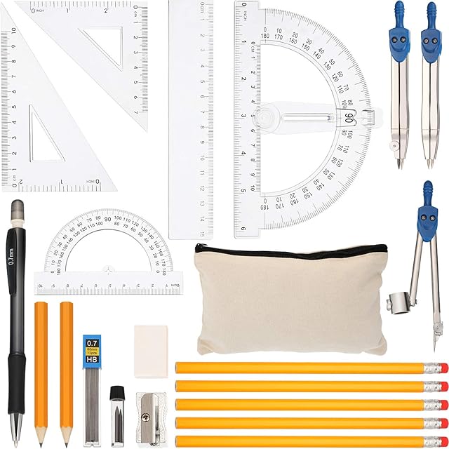 21 Pieces Geometry Compass Set Math School Set with Ruler, Compass Math, Set Square, Protractors, Mechanical Pencil, Sharpener, Eraser, Refills, Pencils and Pencil Bag