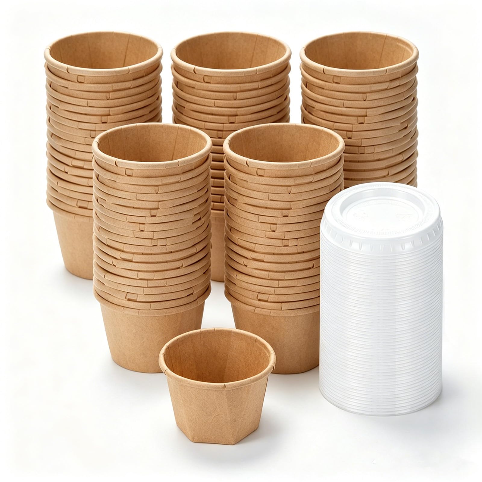 Cherrypick 100 Pack Disposable Paper Sauce Cups with Lids, 1oz Leakproof Small Condiment Containers for Dips, Dressings, Jello Shots, Meal Prep, Takeout & Parties (Unbleached1oz)