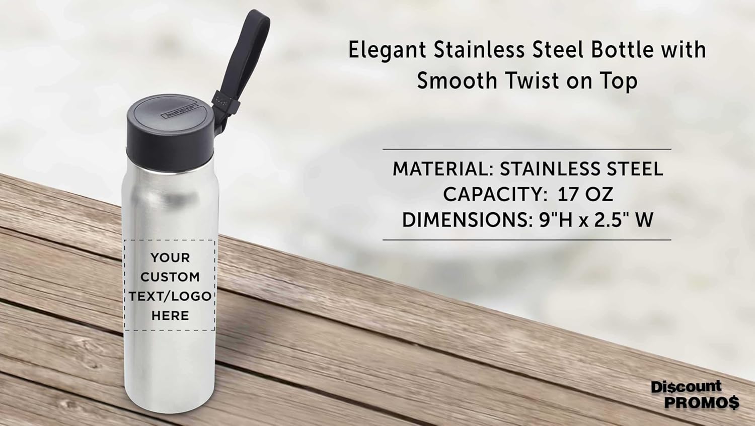 DISCOUNT PROMOS Custom Insulated Water Bottles with Carry Strap 17 oz Set of 6/12/24 Personalized Bulk Pack for Events Giveaways Business Promotions - Black