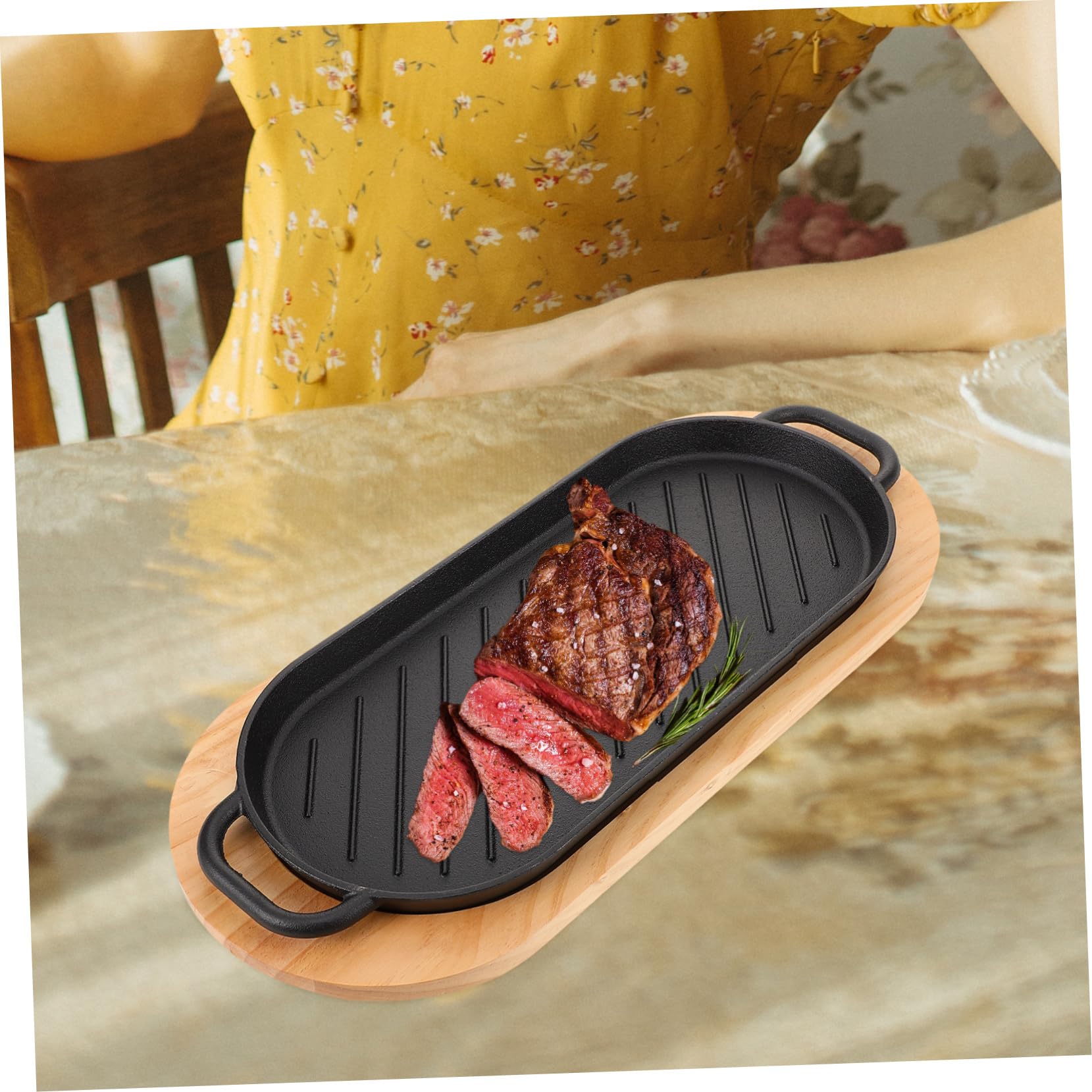 Piastra Bistecchiera in Ghisa Senza Sbavature, Facile da Pulire, per Barbecue e Uso Quotidiano, Set con Doppia Maniglia e Base in Legno