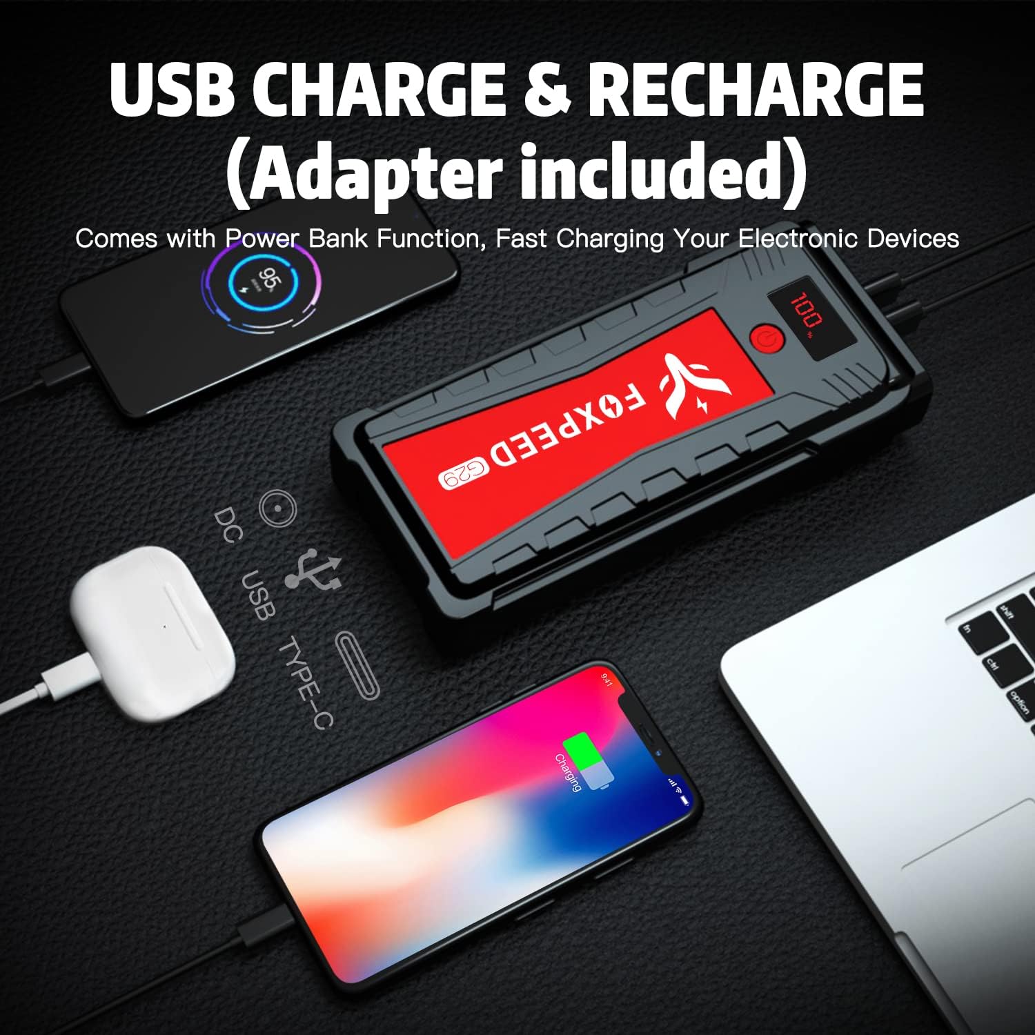 FOXPEED 2500A Car Jump Starter, 21000mAh 12V Car Battery Charger Jump Starter (up to 8L Gas, 6.5L Diesel Engine) with LCD Dispaly, USB Quick Charge, Type C Port & Sturdy Case, Portable Battery Booster : Automotive