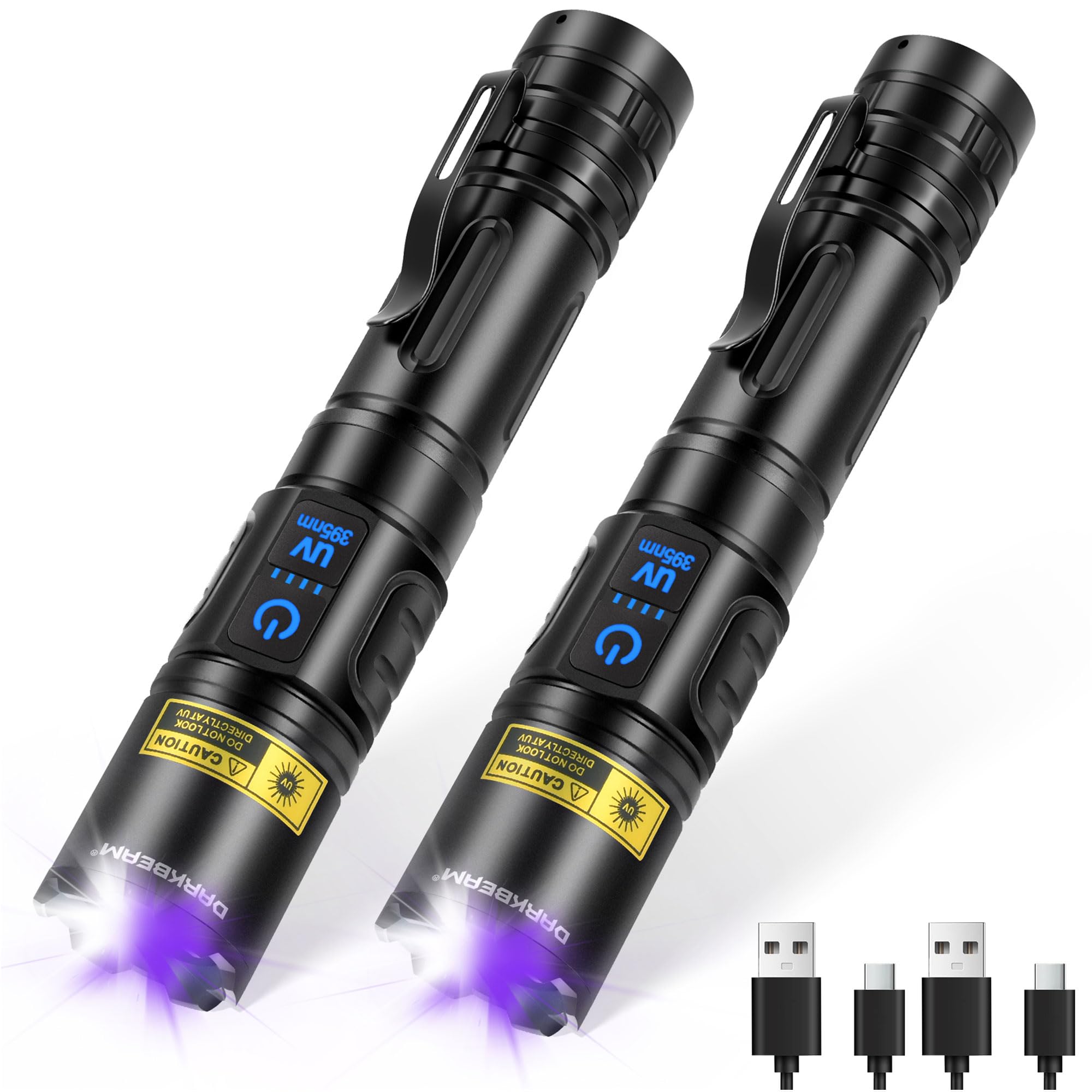 DARKBEAM Torcia UV 395 nm luce nera alto lumen LED potente, 2 Pack | lampada di wood ricaricabile USB Torce ultraviolette rilevatore di urina per animali domestici minerali, vetro uranio, resina