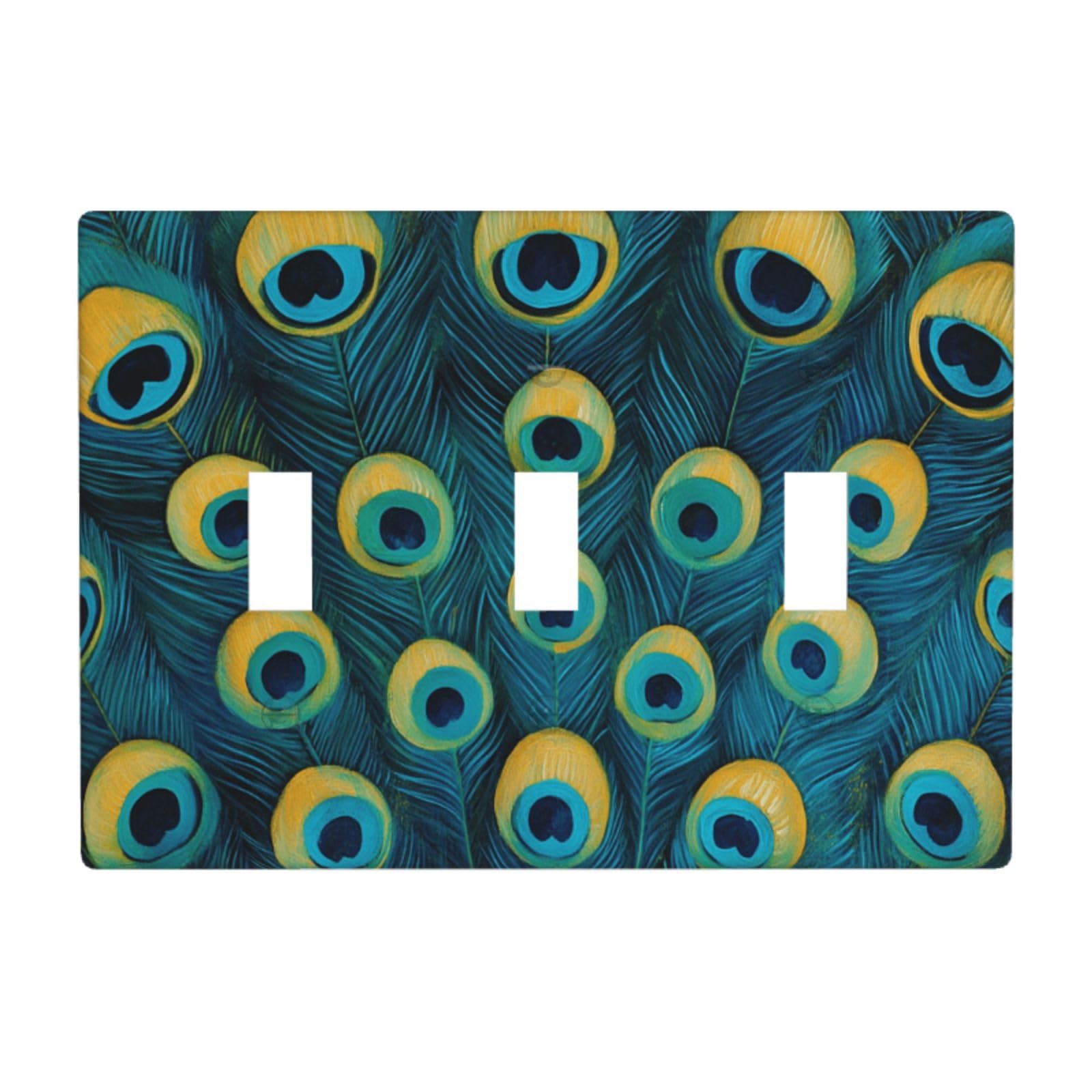 Peacock Feather Rich Blue and Green Light Switch Covers 3 Gang Triple Toggle Wall Plate Switchplate Electrical Faceplate for Bathroom Kitchen Bedroom Decor