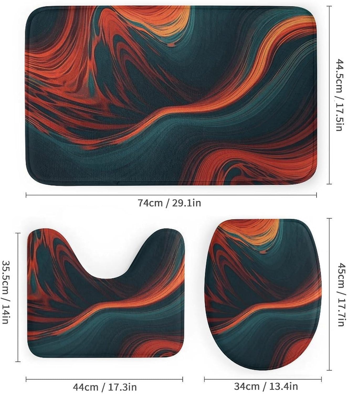 Flowing Wave 4Pcs Shower Curtain Set with Non-Slip Rugs, Toilet Lid Cover and Bath Mat,Bathroom Set Decor Accessories,Curtain Set with 12 Hooks, 72 X 72 Inch
