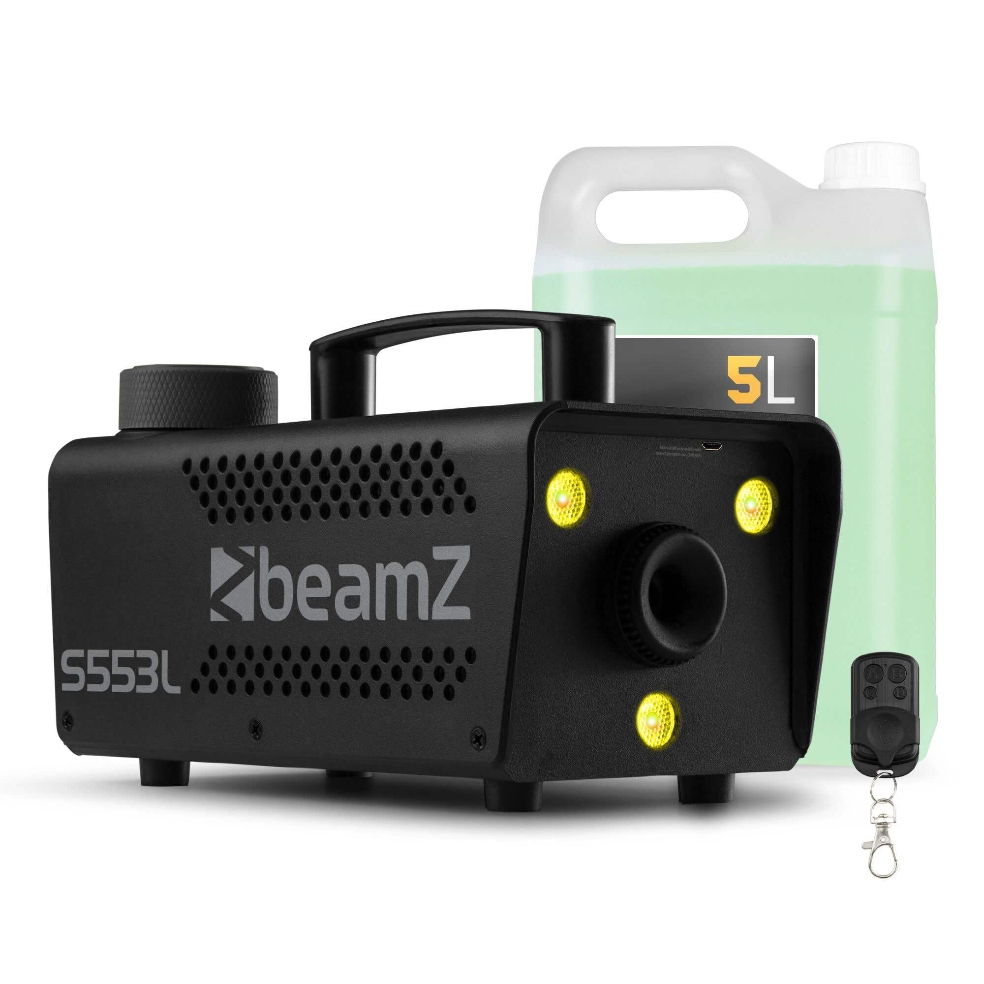 BeamZ Nebelmaschine S553L - LED Nebelmaschine Mini mit Lichteffekt - inkl. 5 Liter Nebelfluid, 550 Watt mit Fernbedienung, Rauchmaschine Party, Smoke Machine mit 3 LEDs RGB, Nebelmaschine Halloween