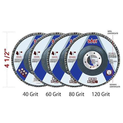 Miniatura 26 de Sali Paquete de 10 discos de solapa de circonio, grano 40, disco de lijado de 4.5 x 7/8 pulgadas, tipo bisel #29, amoladora angular de grado premium