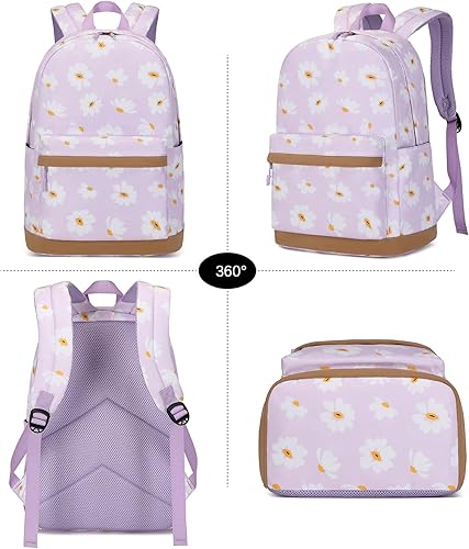 Miniatura 5 de Joyfulife Mochila para niñas con lonchera para niños, mochila para la escuela, ligera, resistente al agua, púrpura, (Daisy purple), Mochila con