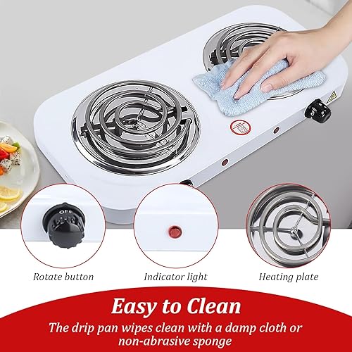 Miniatura 3 de Estufa eléctrica portátil, 2000 W de acero inoxidable doble quemador con placa caliente de bobina, control de temperatura de 5 niveles, luz