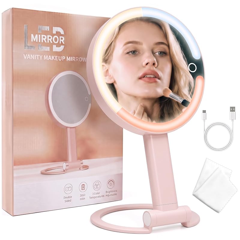 Espelho compacto SANYCASA com iluminação, dupla face 1X/10X, 3 modos de cor, controle touch, recarregável, rosa