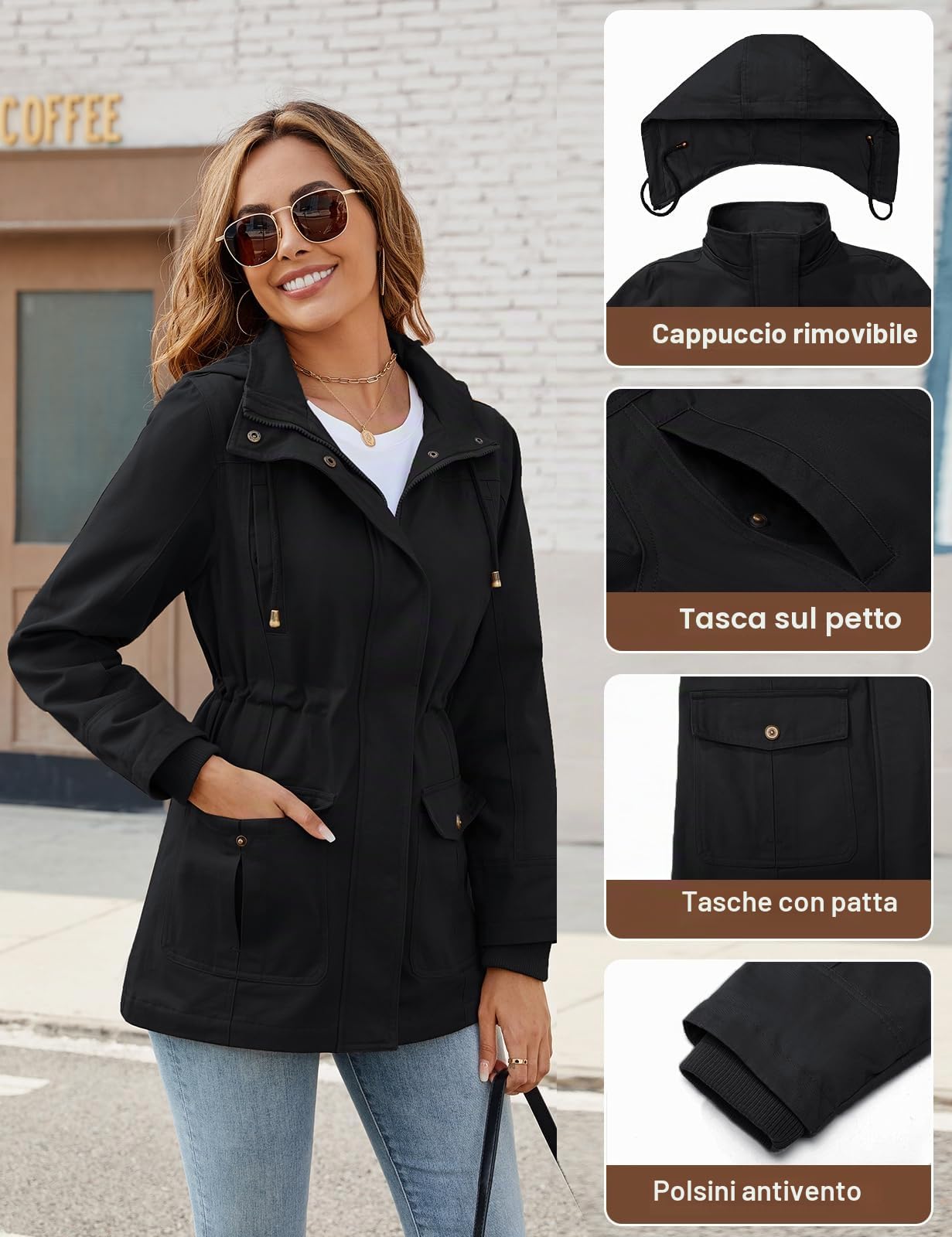 Vancavoo Giacca Donna Mezza Stagione in Cotone con Cappuccio Removibile | Giubbotto Leggero con Coulisse in Vita, Zip e Tasche per Primavera, Autunno e Uso Quotidiano