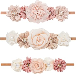 XuoAz Baby Girls Floral Headbands Set - 3 Pack Soft Flower Crown Elastic Hairbands for Newborns Toddlers, Adjustable Comfort Fit