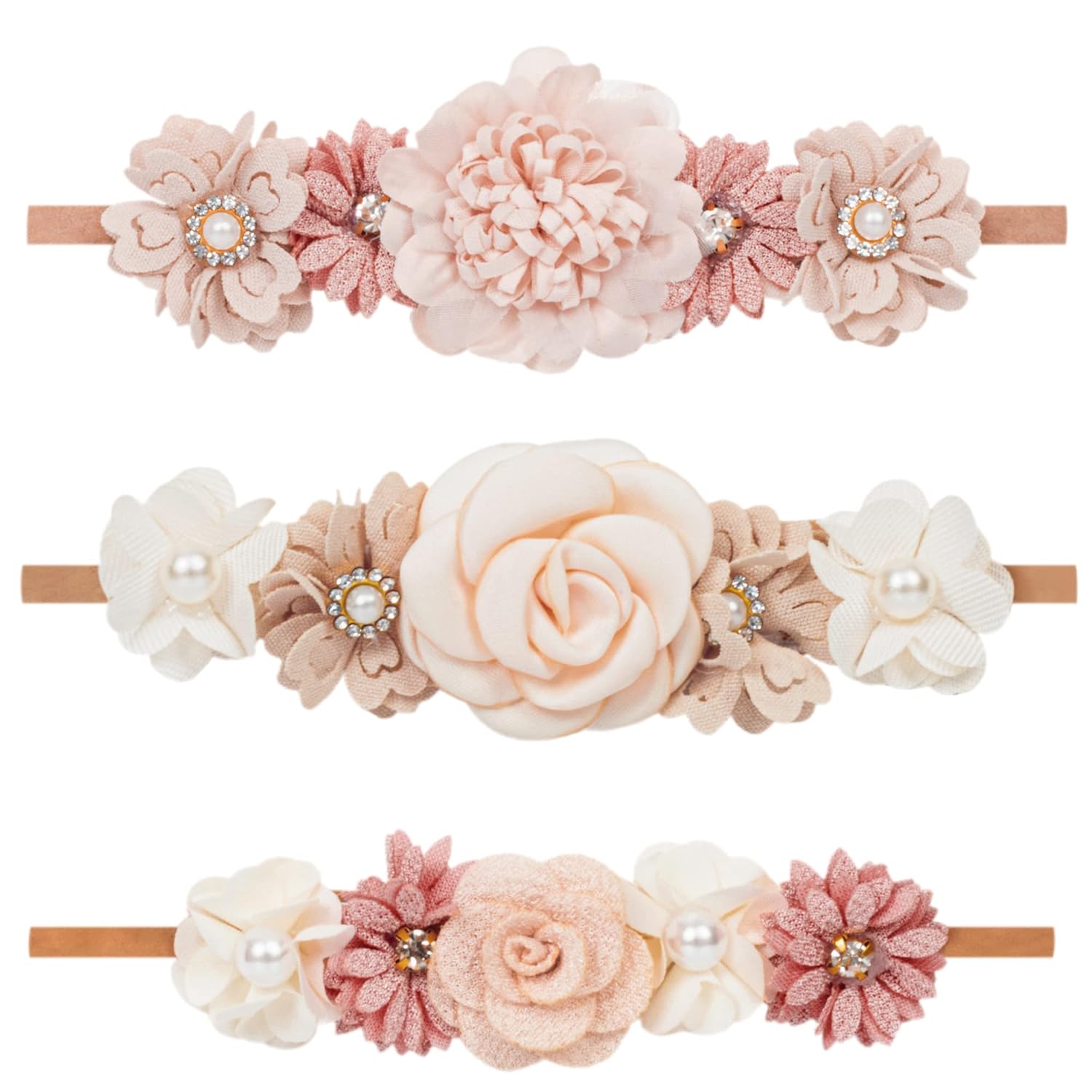 XuoAz Baby Girls Floral Headbands Set - 3 Pack Soft Flower Crown Elastic Hairbands for Newborns Toddlers, Adjustable Comfort Fit