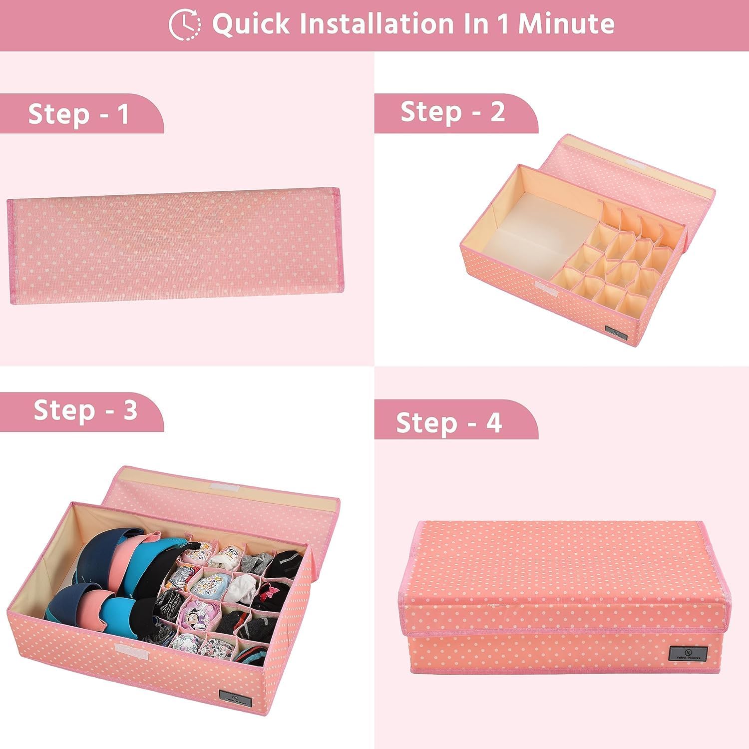 Undergarments Organizer/Foldable Storage Box with Lid for Drawers, Clothing Color - Pink Polka, Polyester