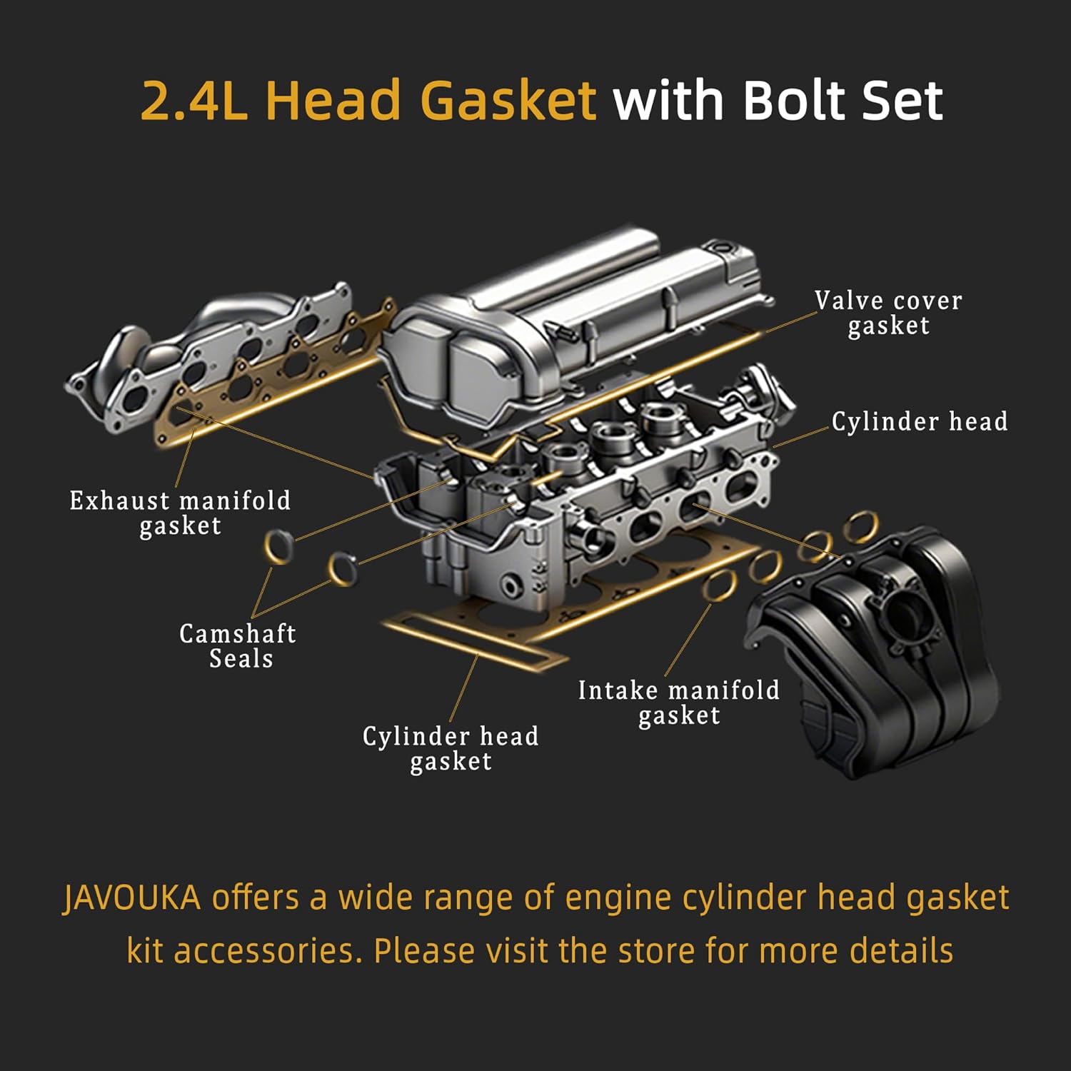 Head Gasket Set with Bolts, 2.4L 2AZFE, for Toyota Camry Highlander Rav4 Solara 01-06, for Scion TC 05-06, L4 DOHC, HS26232PT ES71183, Engine Cylinder Gasket Kit