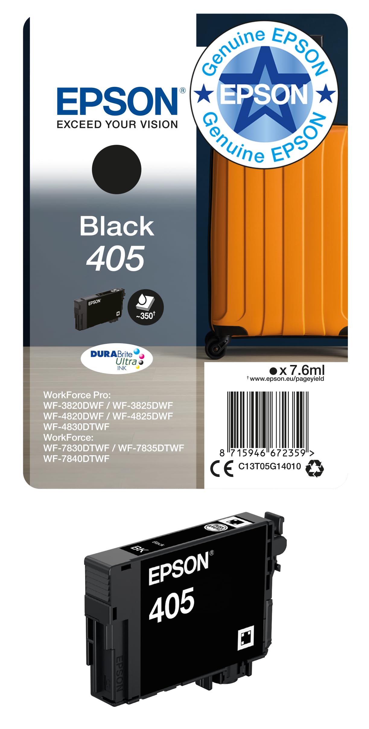 Epson405 Black Suitcase Genuine, DURABrite Ultra Ink, Standard Capacity