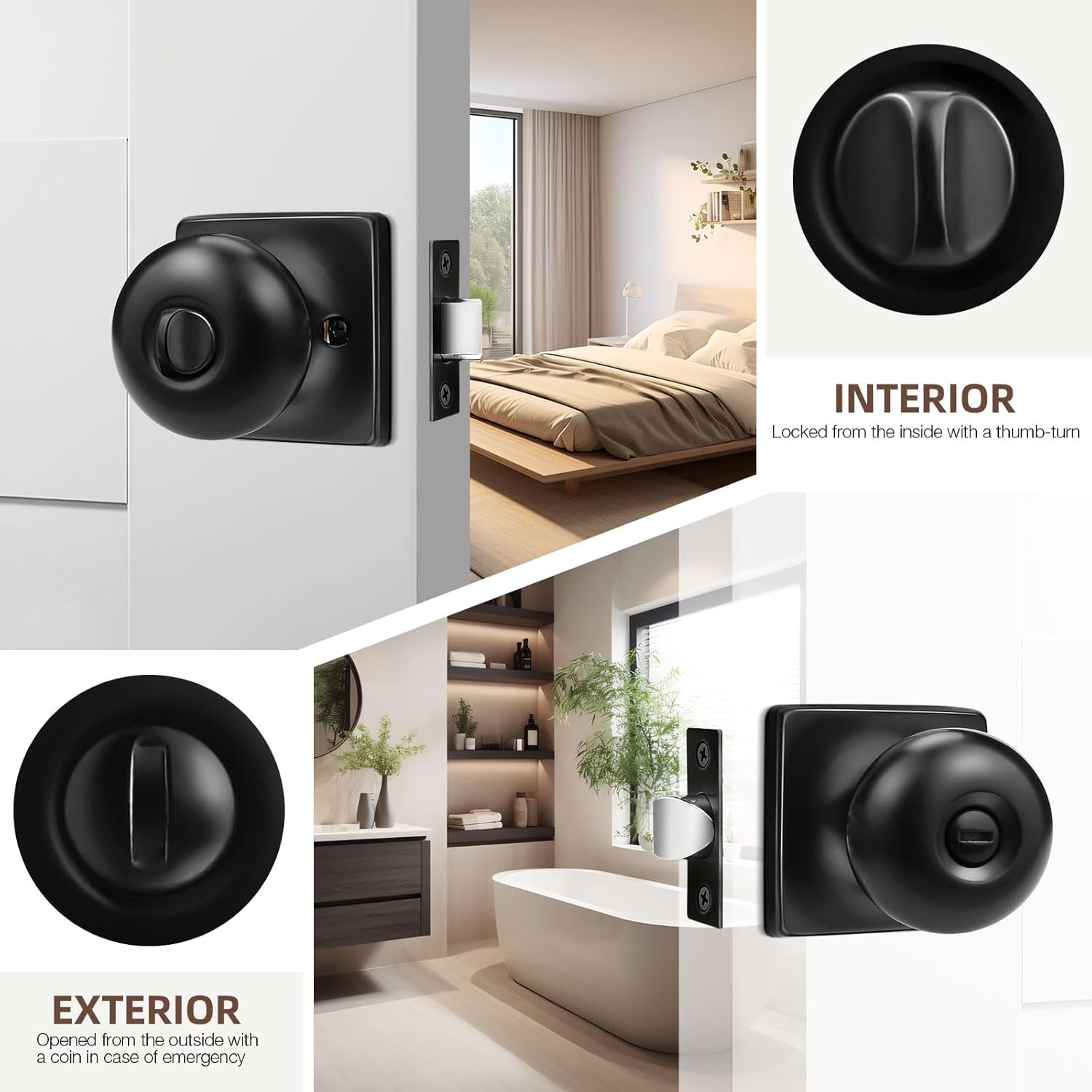 GOBEKOR 6 Pack Matte Black Door Knob Privacy Interior Round Privacy Door Knobs for Bed Bathroom Square Modern Door Knob with Lock