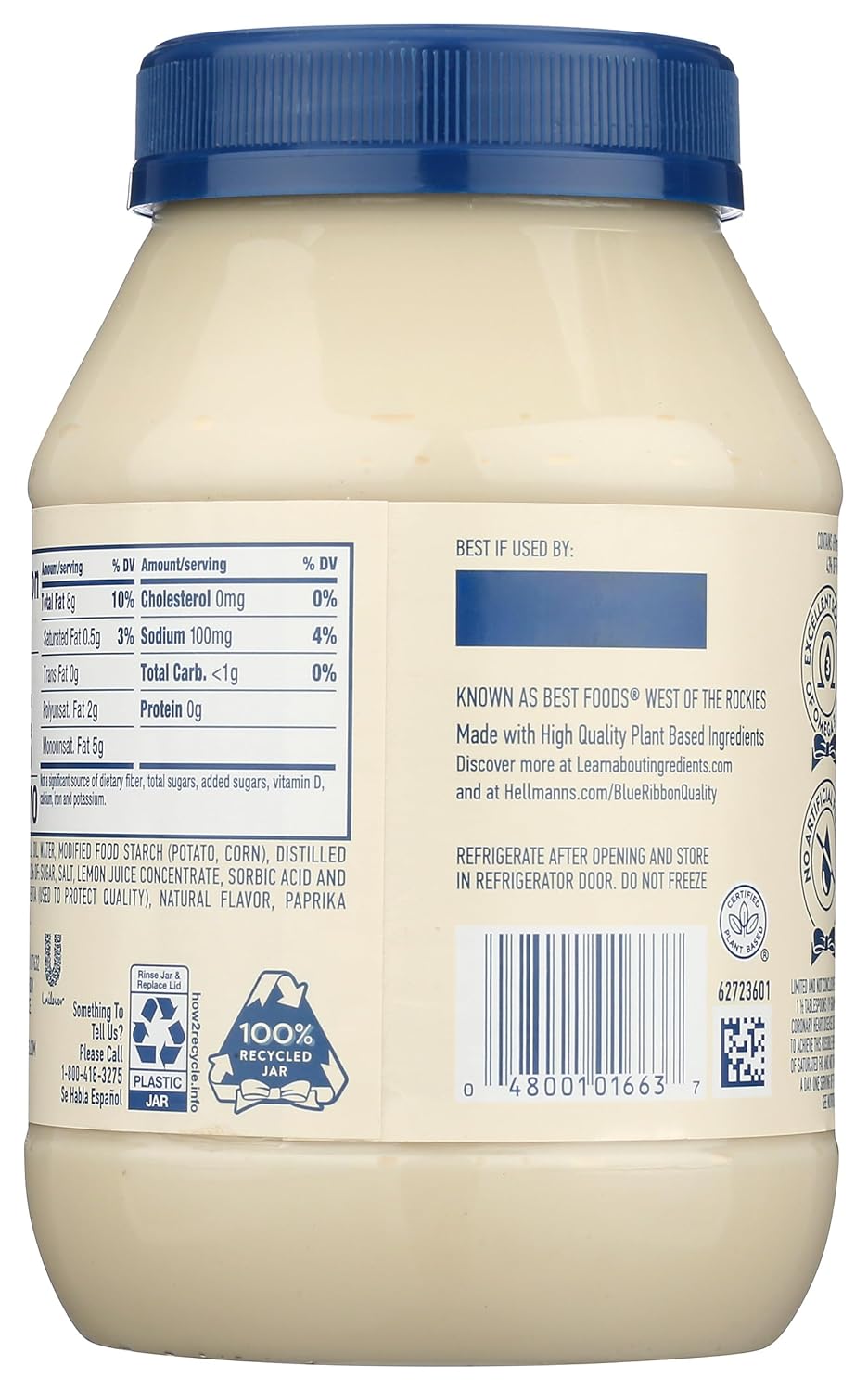Hellmann's Plant Based Mayonnaise, Egg Free, Dairy Free, 30 Fluid Ounces (Pack Of 6)