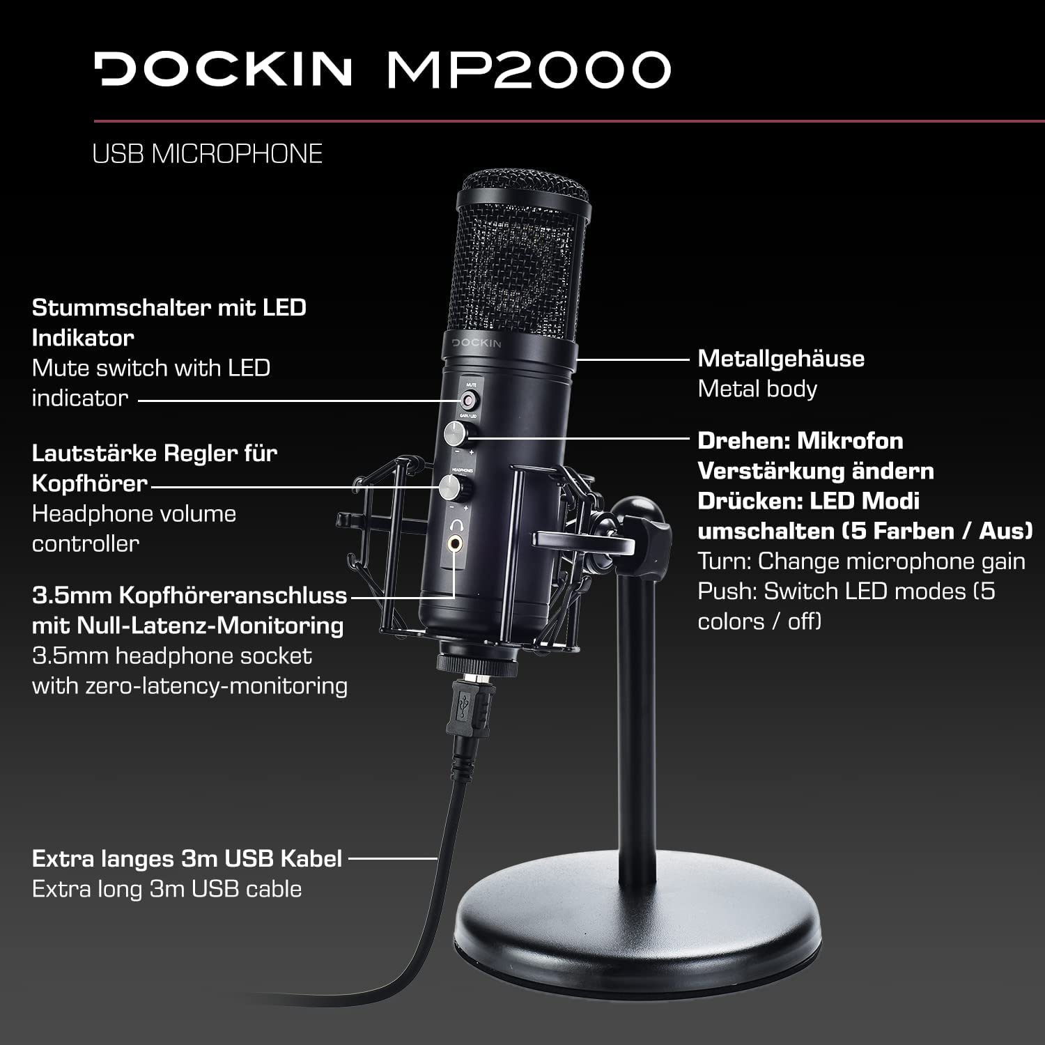 DOCKIN® MP2000 Microfono USB da studio per computer, PC e Mac, microfono Podcast con supporto e ragno per la registrazione vocale e strumentale, microfono per streaming e podcasting con luci LED
