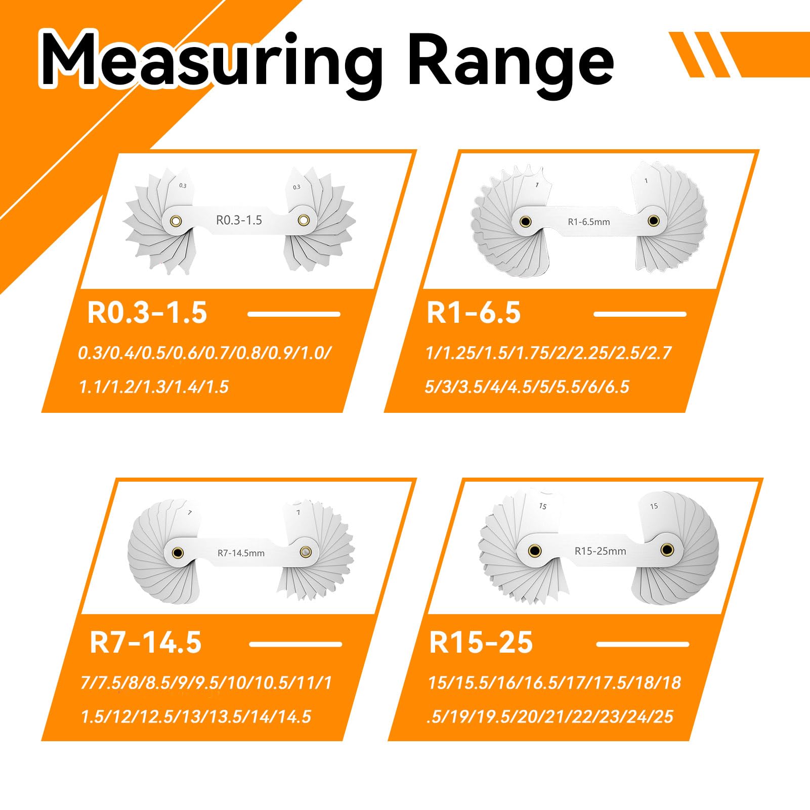 Set di Calibri per Raggio in Acciaio Inox, Strumento di Misura Convesso Concavo R0.3-1.5/R1-6.5/R7-14.5/R15-25