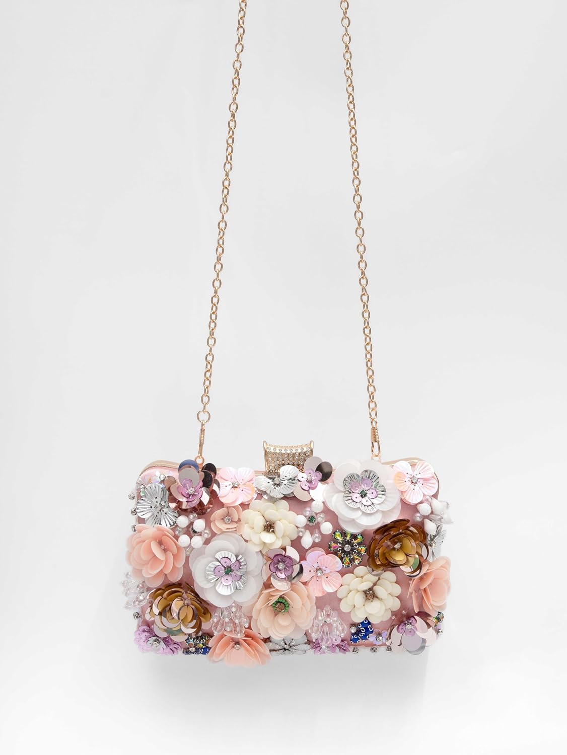Floral Evening Bag for Women Beaded Clutch Purse with Sequins & Rhinestone Wedding Party Handbag with Chains