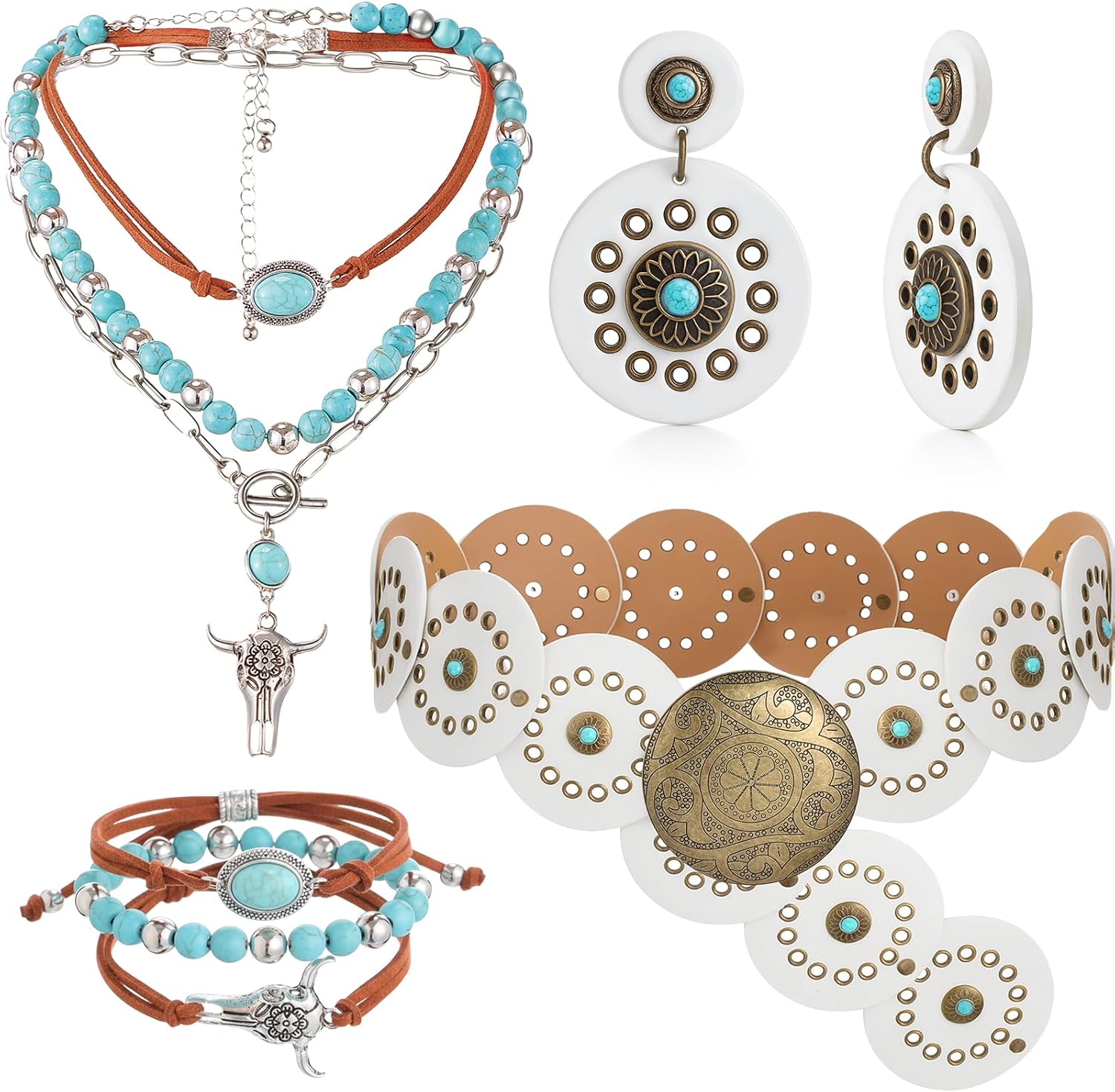 Liliaafar 4 Pcs Western Cowgirl Outfit Accessories for Women Turquoise Jewelry Sets Layered Necklace Bracelets Vintage Earrings Belts for Country Concert Party Decoration