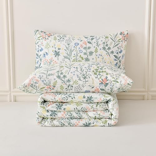 Miniatura 8 de Juego de edredón floral verde, tamaño King, edredón 100% algodón, 3 piezas, suave, ligero, reversible, retro, floral, para todas las estaciones