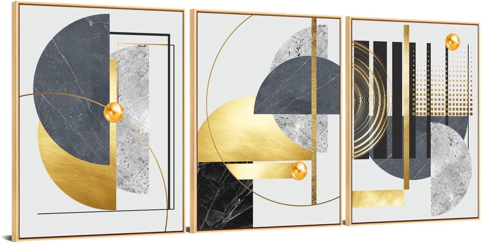 Black Gold Canvas Wall Art, 3Pcs Large Abstract Canvas Wall Art Gold Frame Wall Quotes Painting Luxury Nordic Art Poster for Living Room Office 24x36inch