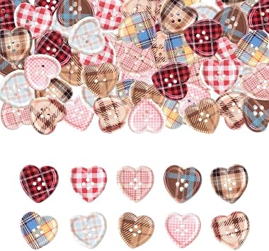 50 Pcs 1 Inch Heart Large Resin Buttons with Tartan Pattern,Bulk Assorted Mixed Color Buttons for Sewing Clothing Knitting Crafts Decoration Phone Hair Clip & Clothes DIY Colorful
