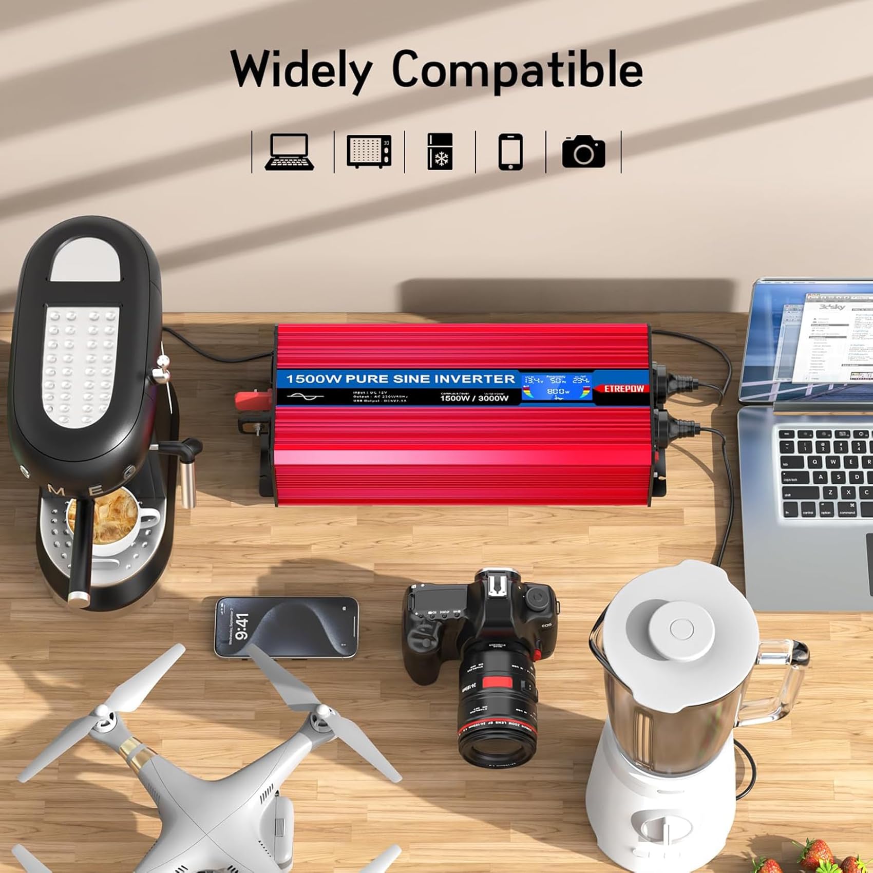 1500w Wechselrichter 12v Auf 230v Reiner Sinus Spannungswandler mit 2 EU-Steckdose und Einer 2,1A USB,Drahtlose Fernsteuerung,LCD Bildschirm und 2 Lüftern-Spitzenleistung 3000w Kfz Konverter - 3