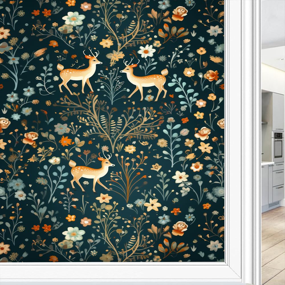 Bunte Blumen Hirsch Frosted Fenster Sichtschutzfolie Bauernhaus Baum Blatt Tier Muster Wald Fenster Dekor Wärme blockierende Sonne blockierende Glastürabdeckung für Badezimmer Zuhause 90 x 140 cm