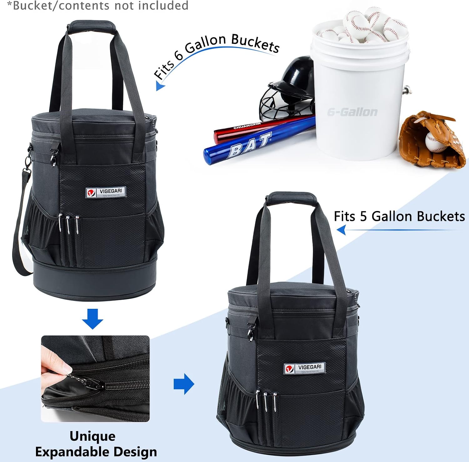 VIGERARI Baseball Bucket Bag- Coach Bag-Expandable Softball Bucket Organizer with Padded Seat