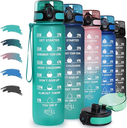 Botella de agua con marcador de tiempo, botella deportiva de 32 onzas con correa, diseño a prueba de fugas para hidratación diaria, gimnasio,