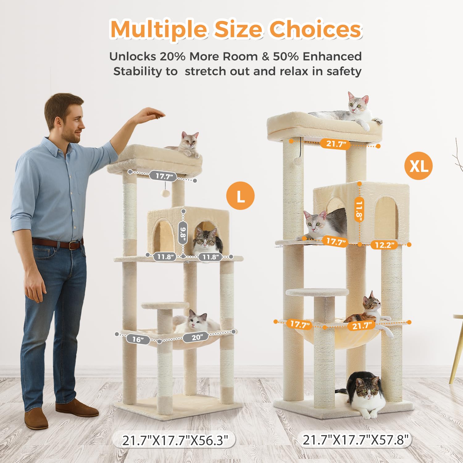 PAWZ Road Albero per gatti grande da 147 cm, con tiragraffi ispessiti (φ3,7 pollici) per gatti adulti di grandi dimensioni, 13,6 kg, centro attività multi-livello con struttura in metallo, amaca e