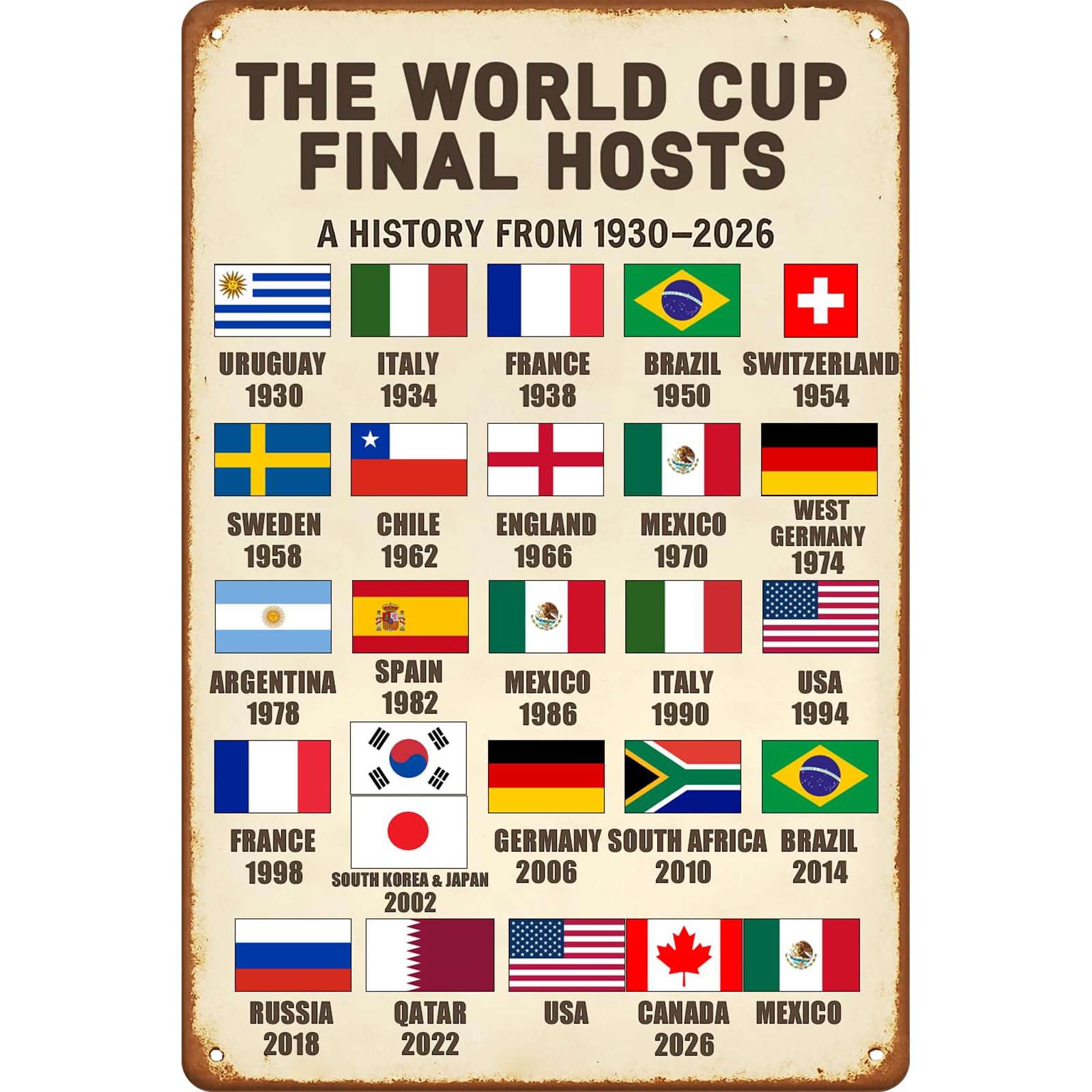 World Cup Football 2026 Vintage Metal Tin Sign Wall Decor for Man Cave - World Cup Hosts 1930-2026 Poster, Football Party Decorations Merchandise Home Bar, Pub 30x20cm, Pre-Drilled Holes